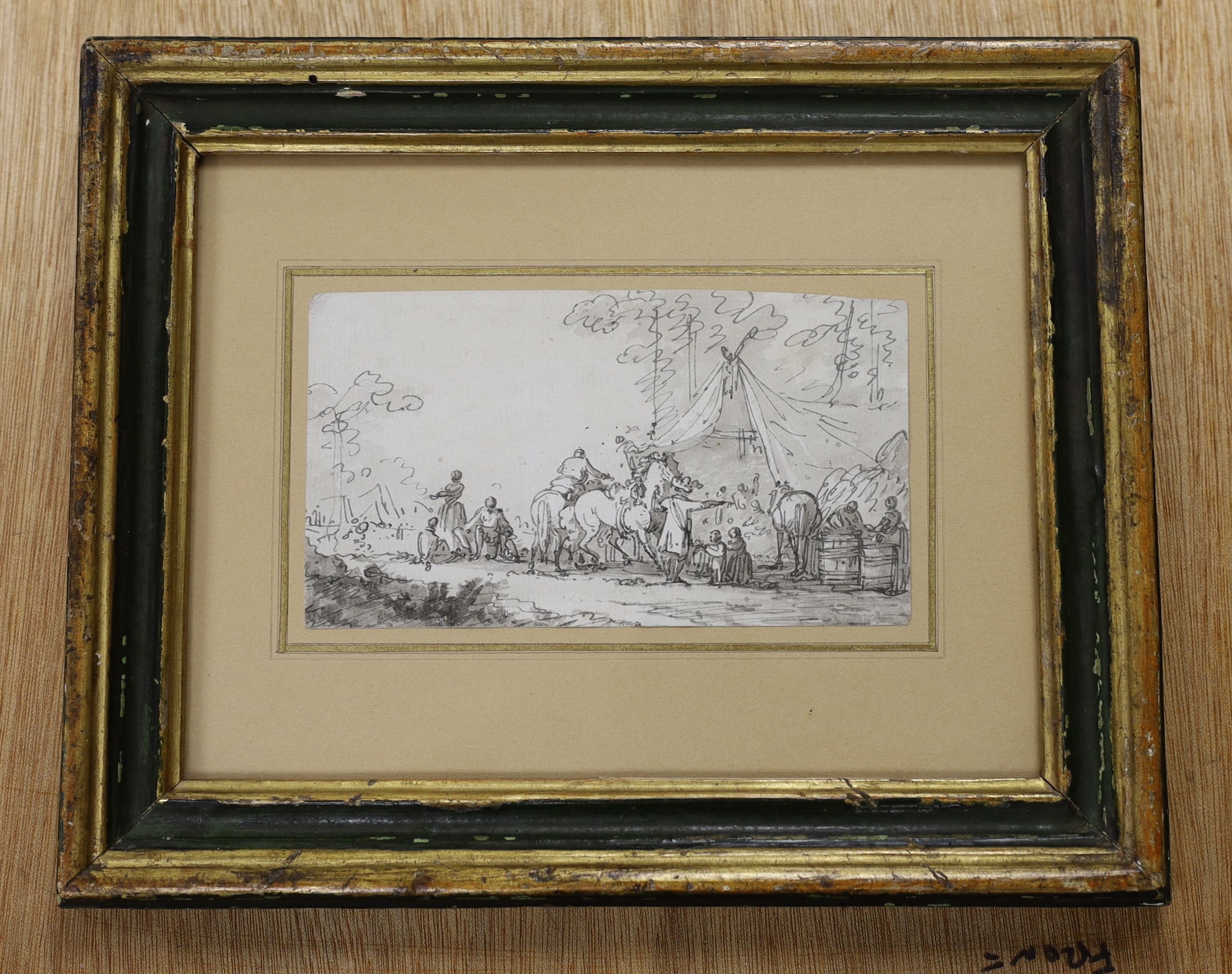 Attributed to Jacques François Joseph Swebach (1769-1823), pen and ink, An encampment, label verso, 9 x 16cm